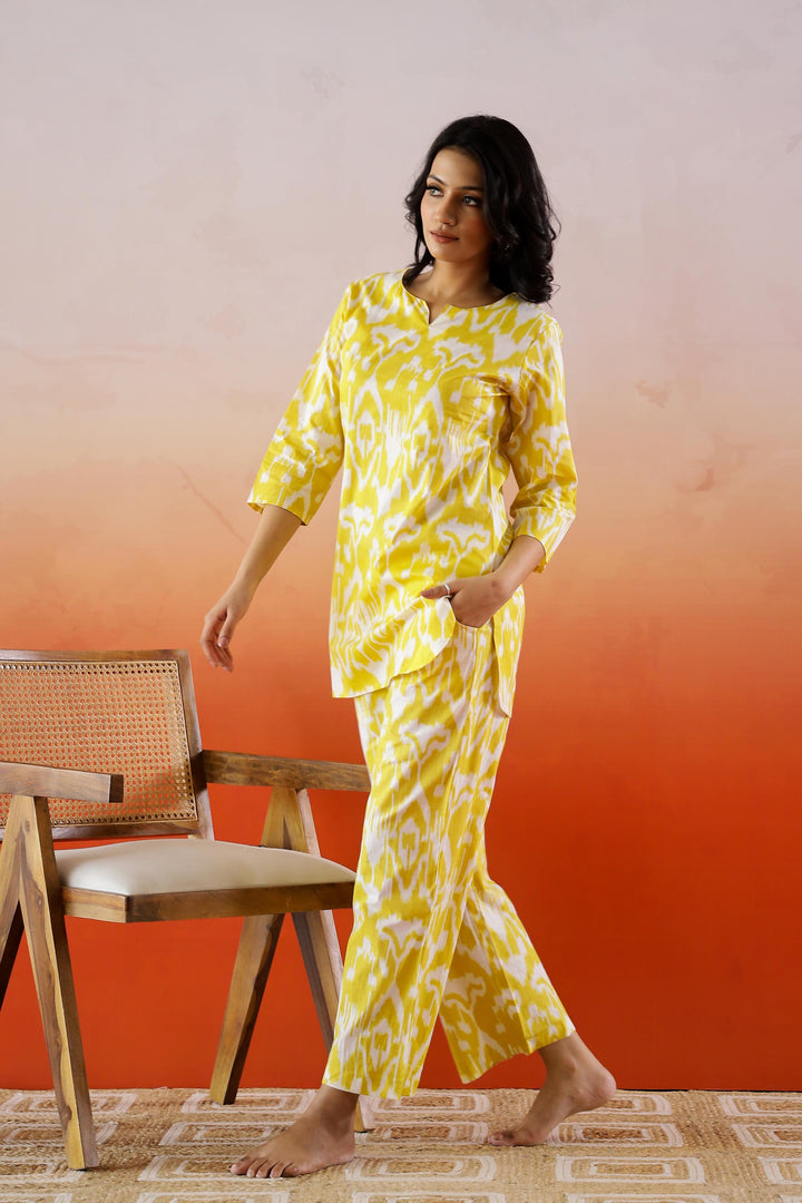 Yellow Ikat Printed Cotton Co-ord Set - Vibrant Style | Co-Ord Set | Shop stylish women's clothing online at Label Flavia |