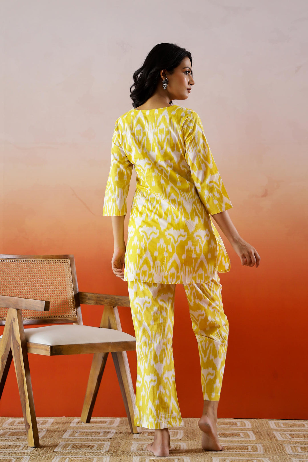 Yellow Ikat Printed Cotton Co-ord Set - Vibrant Style | Co-Ord Set | Shop stylish women's clothing online at Label Flavia |