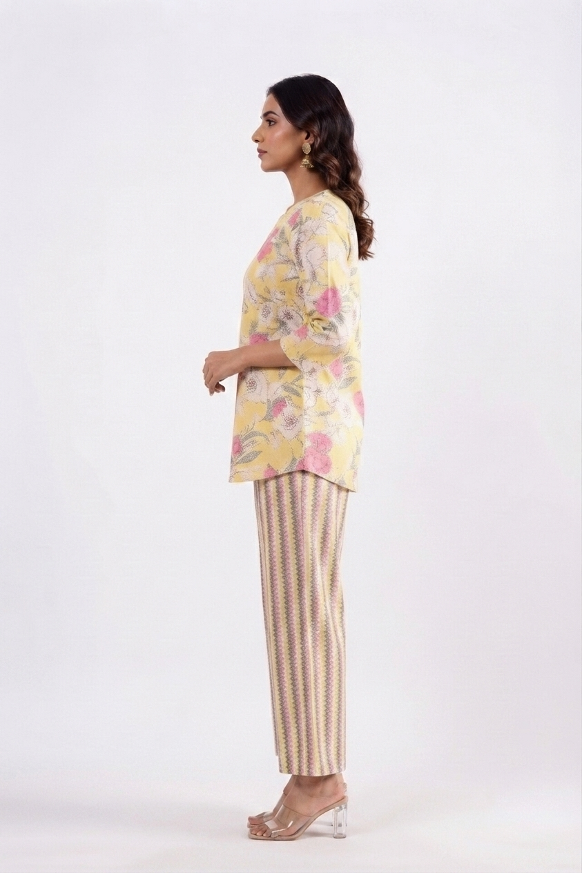 Yellow Pink Dual Cotton Printed Co-ord Set