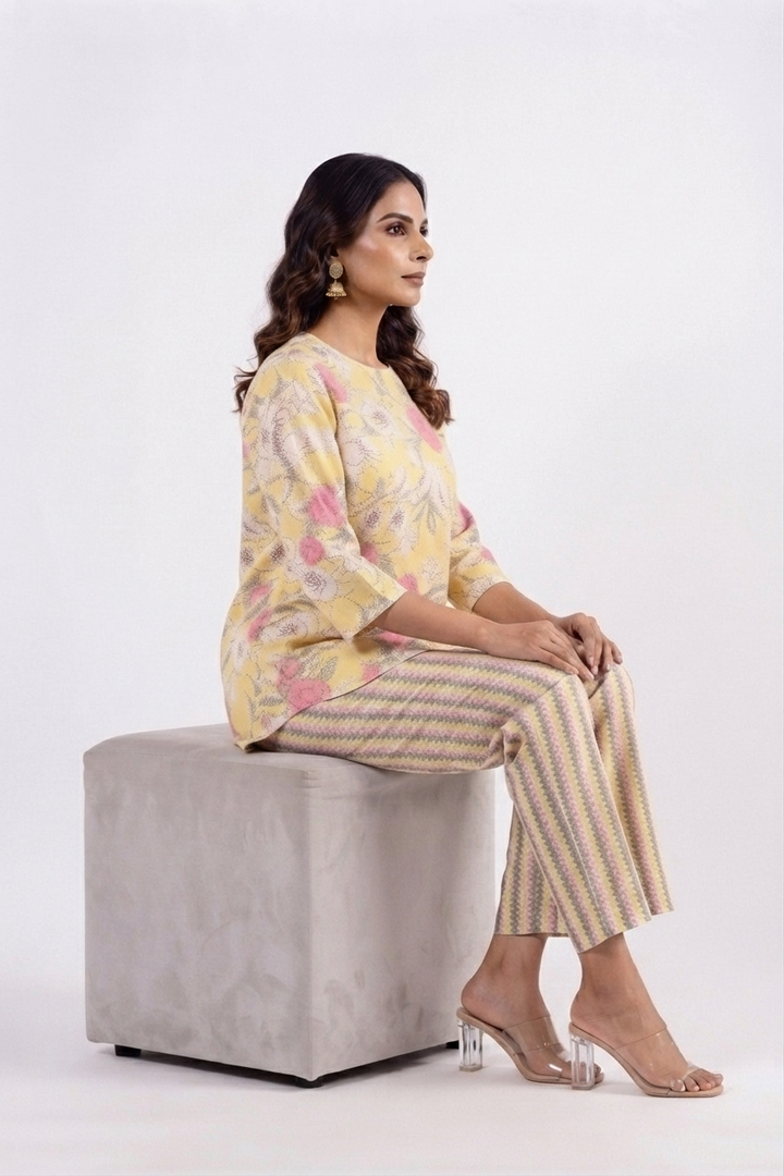 Yellow Pink Dual Cotton Printed Co-ord Set