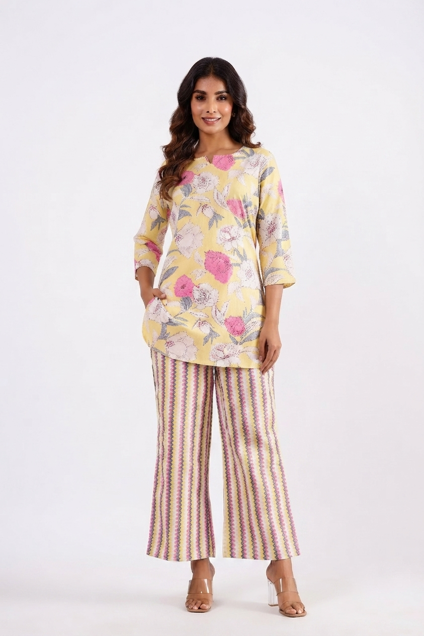 Yellow Pink Dual Cotton Printed Co-ord Set