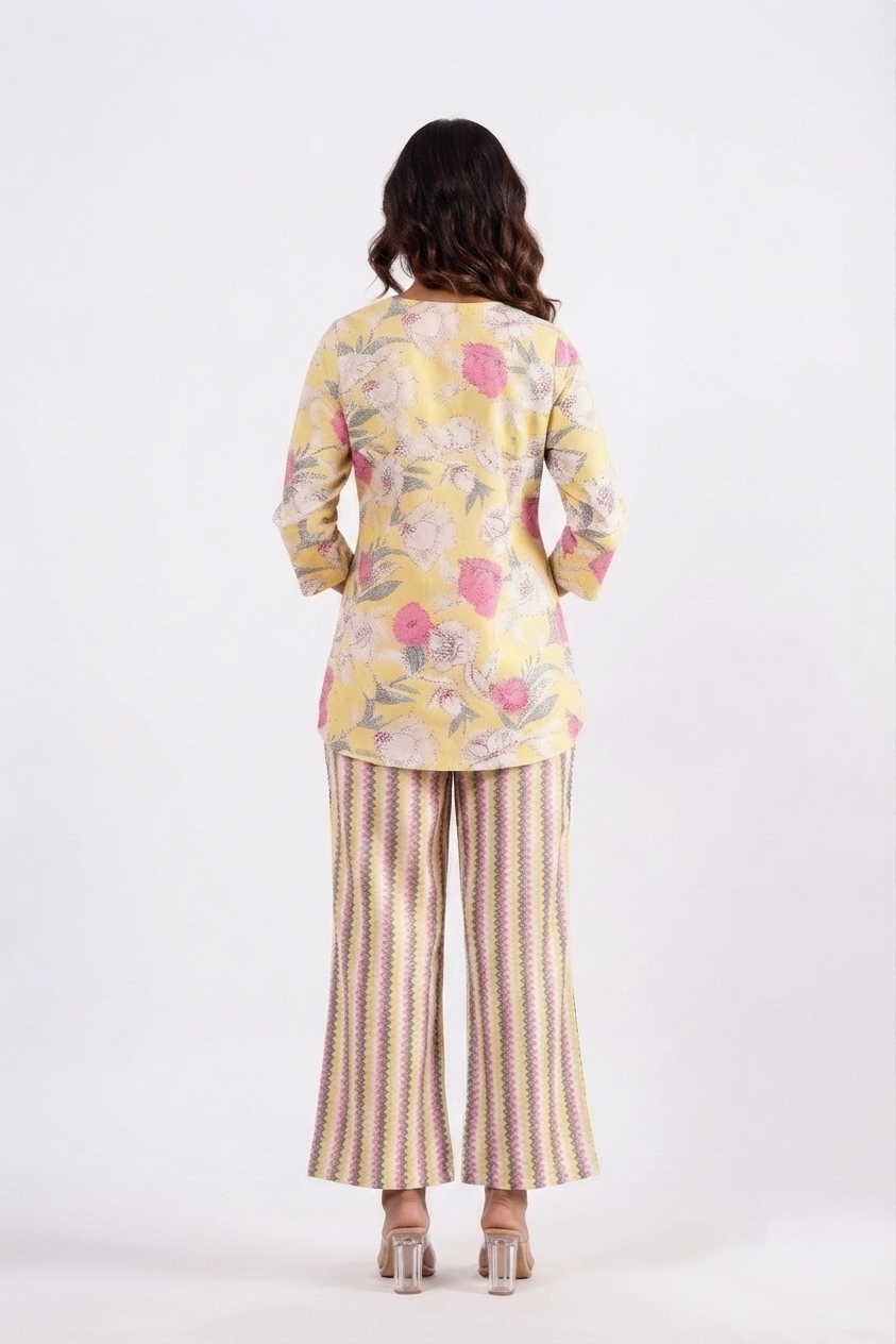 Yellow Pink Dual Cotton Printed Co-ord Set