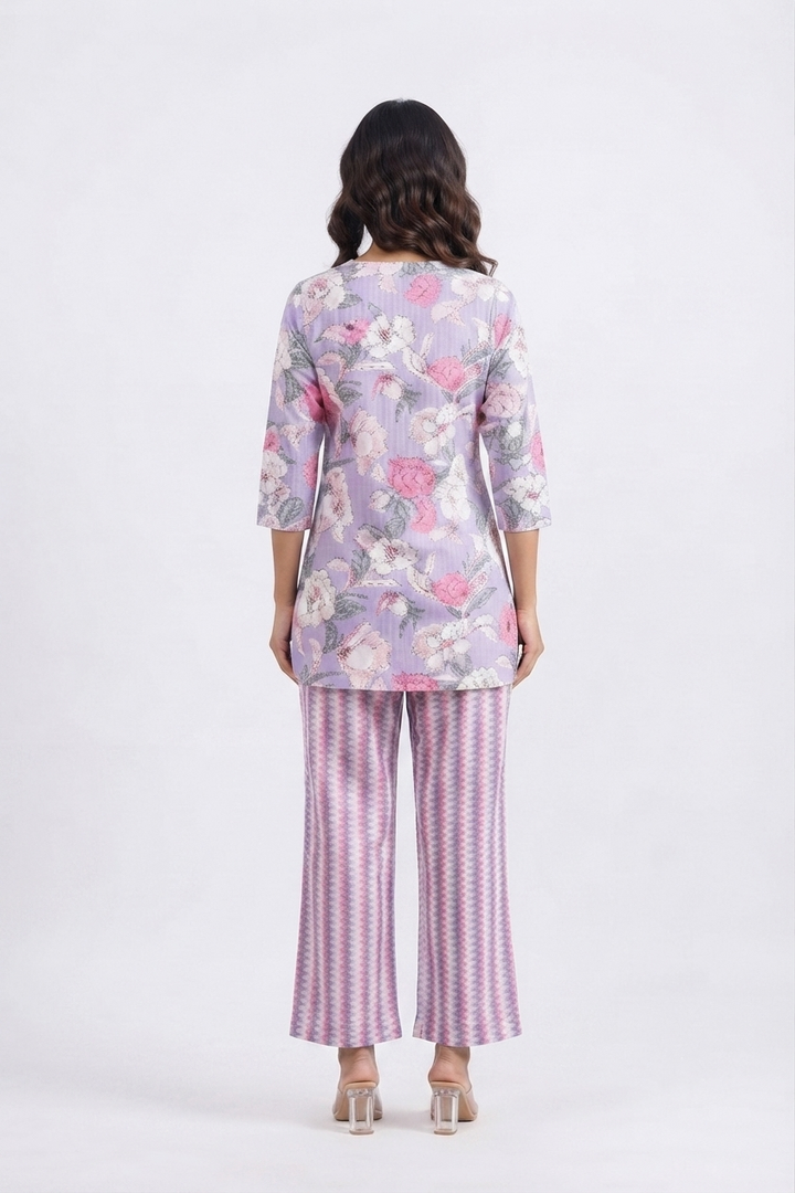 Purple Pink Dual Cotton Printed Co-ord Set