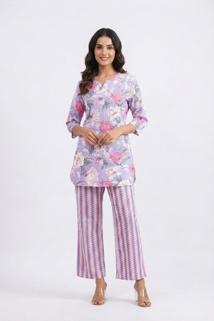 Purple Pink Dual Cotton Printed Co-ord Set