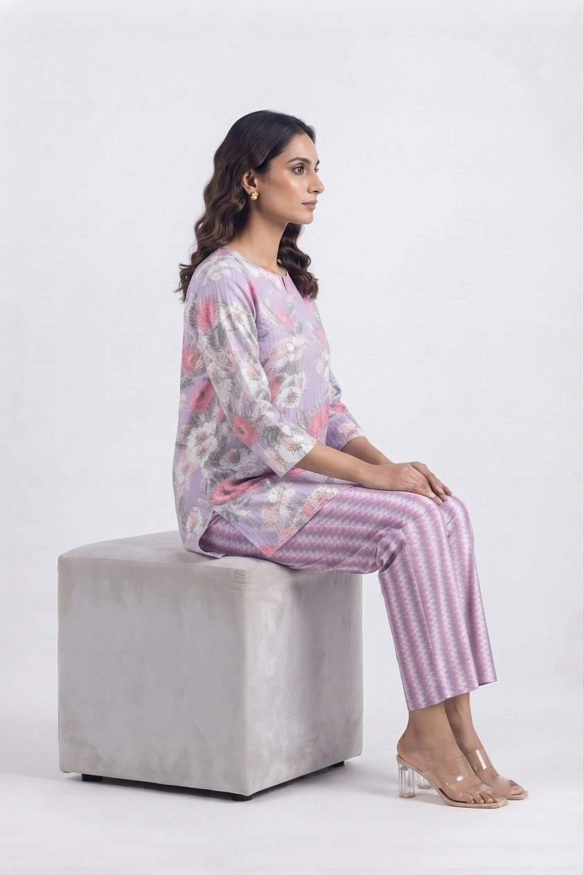 Purple Pink Dual Cotton Printed Co-ord Set