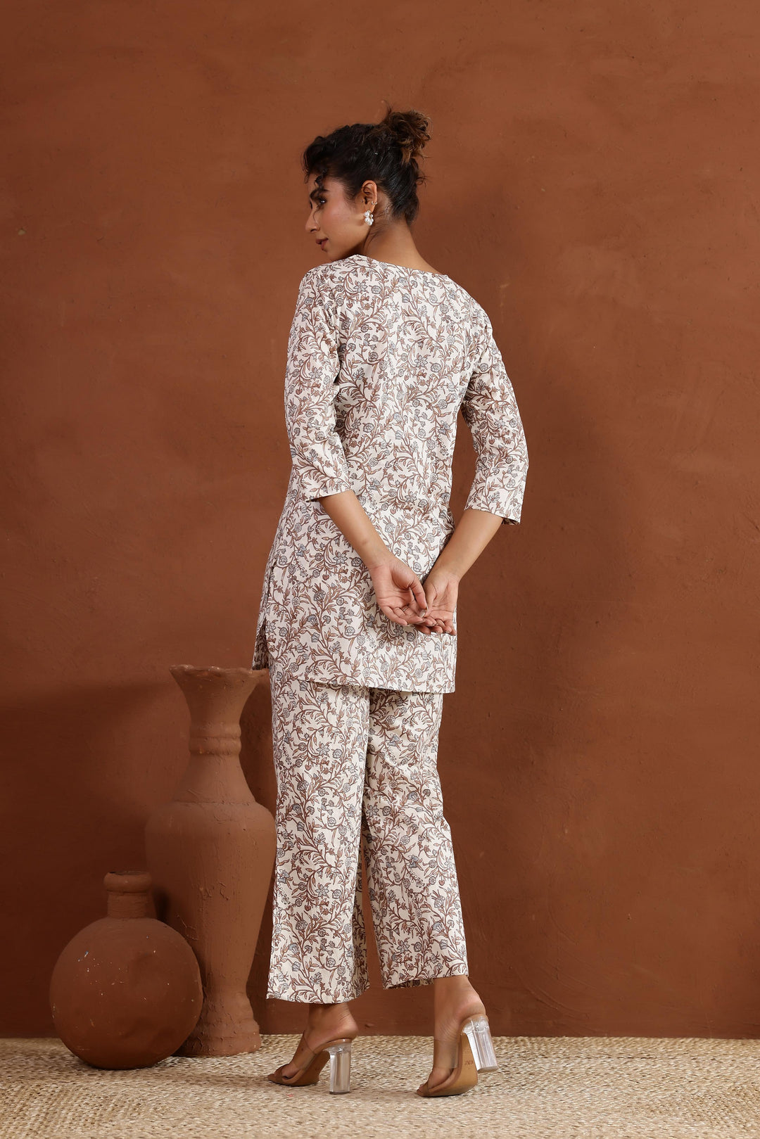 Brown On White Jaal Cotton Printed Co-ord Set