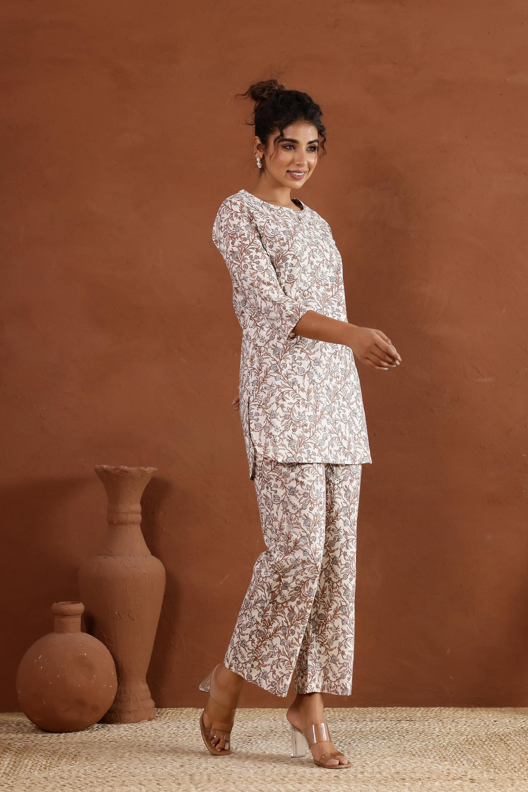 Brown On White Jaal Cotton Printed Co-ord Set
