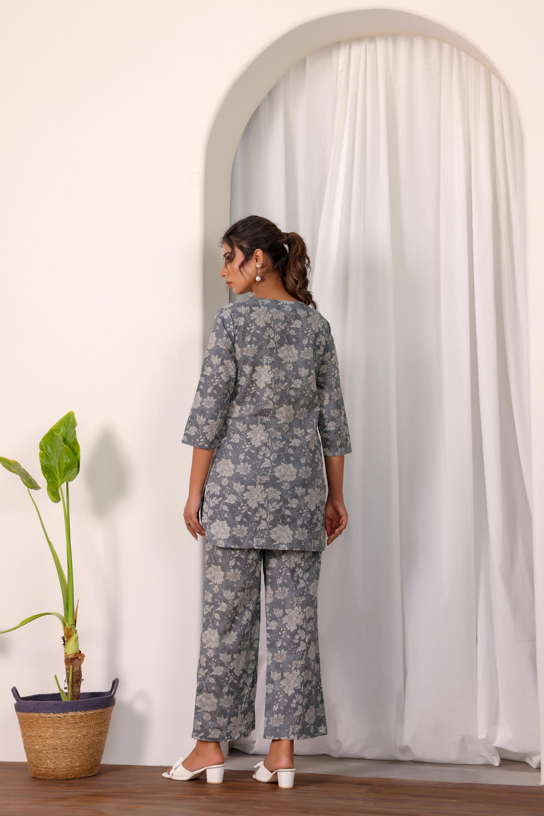 Gray Floral Co-ord Set - Subtle Elegance in Cotton | Co-Ord Set | Shop stylish women's clothing online at Label Flavia |