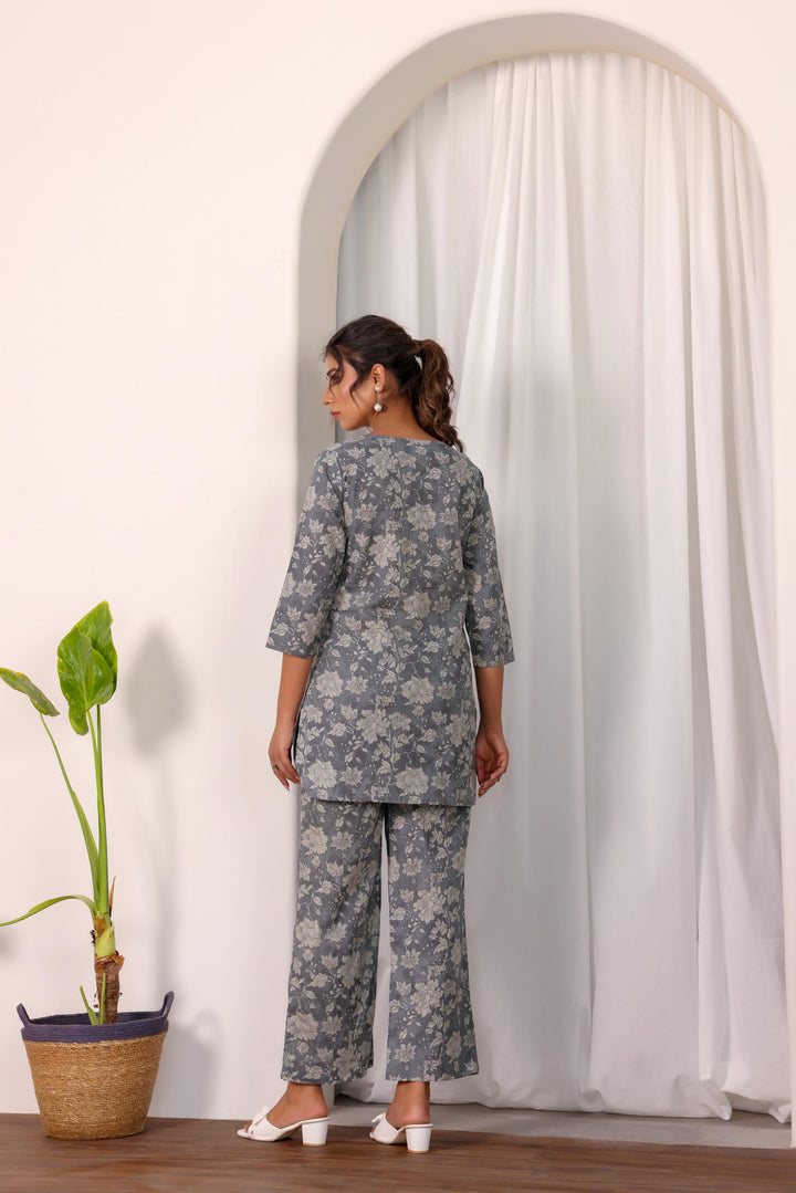 Gray Floral Co-ord Set - Subtle Elegance in Cotton | Co-Ord Set | Shop stylish women's clothing online at Label Flavia |