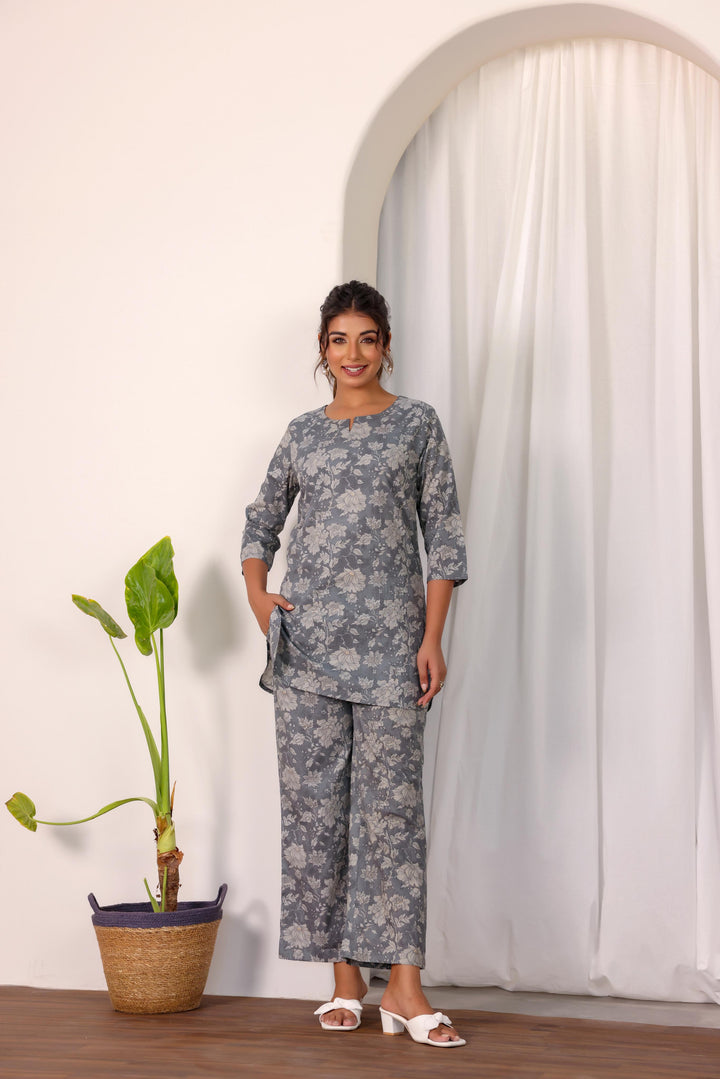 Gray Floral Co-ord Set - Subtle Elegance in Cotton | Co-Ord Set | Shop stylish women's clothing online at Label Flavia |