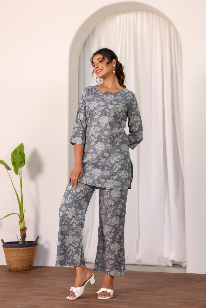 Gray Floral Co-ord Set - Subtle Elegance in Cotton | Co-Ord Set | Shop stylish women's clothing online at Label Flavia |