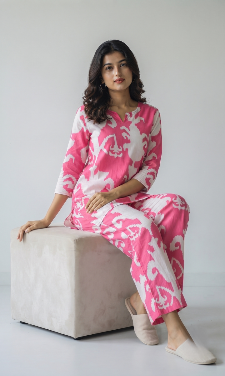 Pink Motif Organic Printed Pure Cotton Loungewear Set