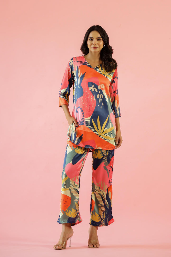 Multicolor Abstract Satin Co-ord Set