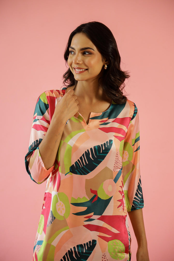 Bold Floral Print Satin Pajama Set - Vibrant & Artistic Nightwear