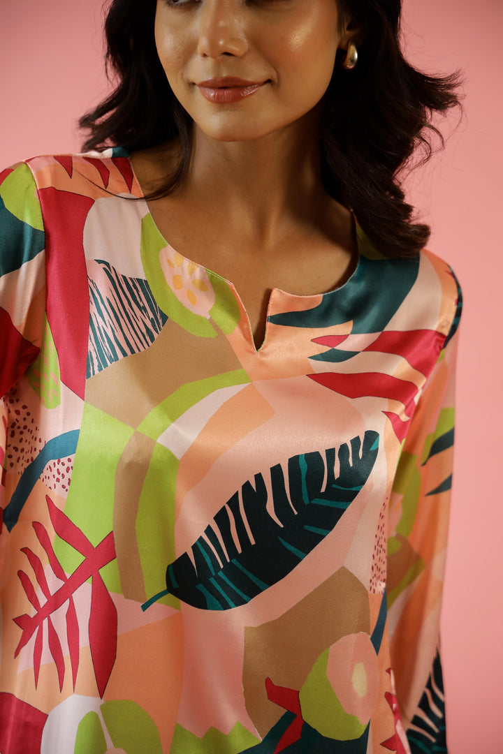 Bold Floral Print Satin Pajama Set - Vibrant & Artistic Nightwear