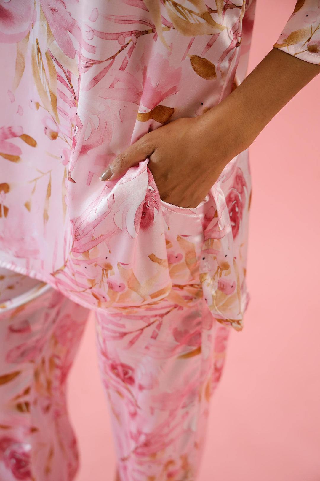 Charming Pink Satin Floral Pajama Set - Soft & Feminine Nightwear | Co-Ord Set | Shop stylish women's clothing online at Label Flavia |