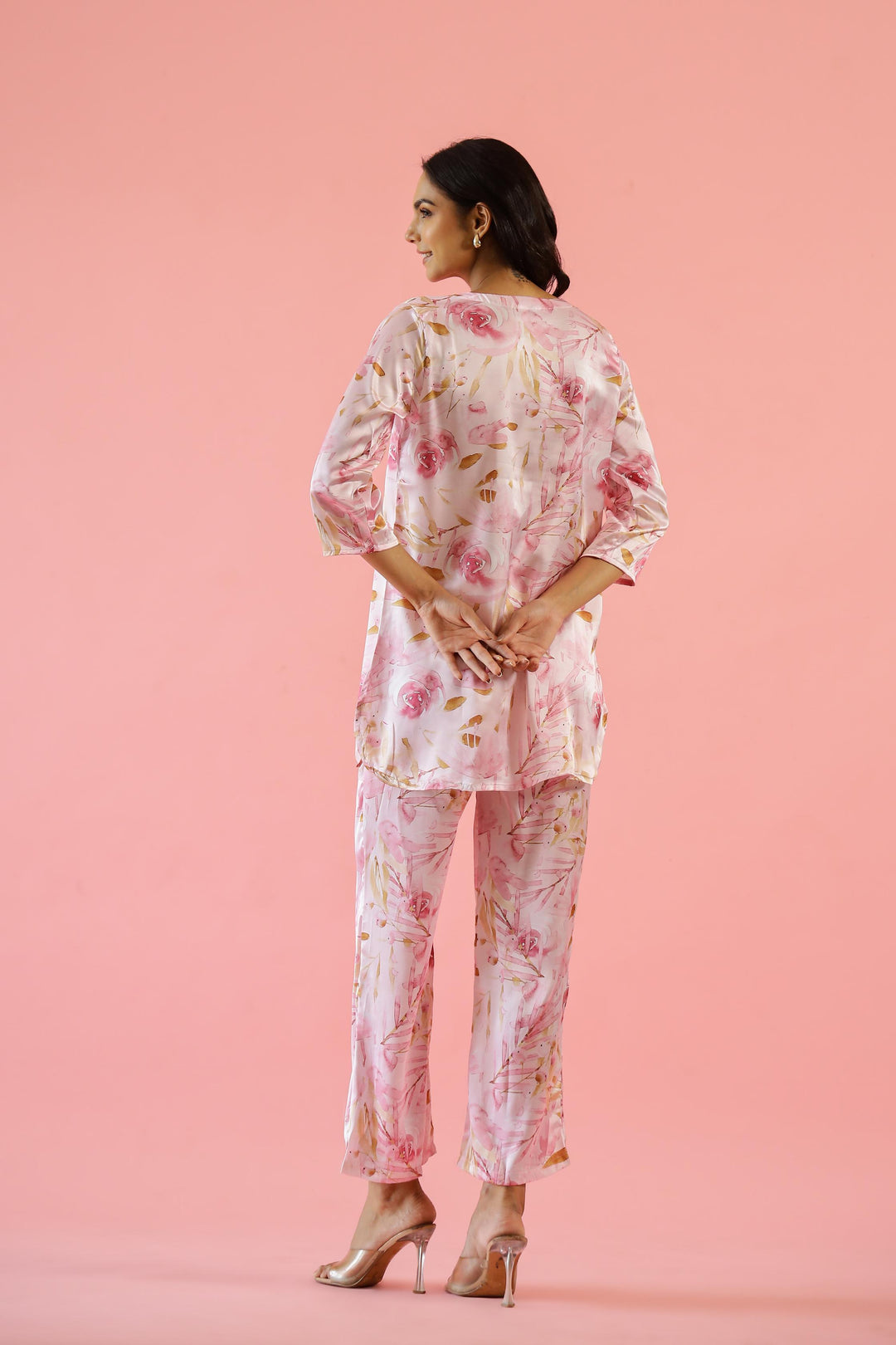 Charming Pink Satin Floral Pajama Set - Soft & Feminine Nightwear | Co-Ord Set | Shop stylish women's clothing online at Label Flavia |