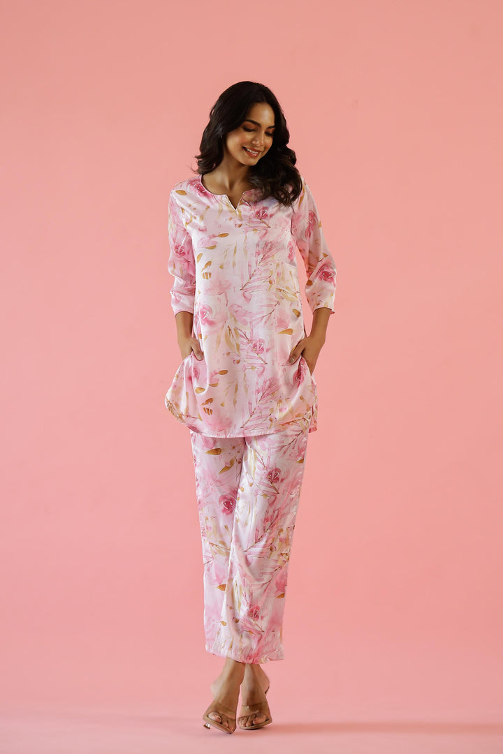 Charming Pink Satin Floral Pajama Set - Soft & Feminine Nightwear | Co-Ord Set | Shop stylish women's clothing online at Label Flavia |