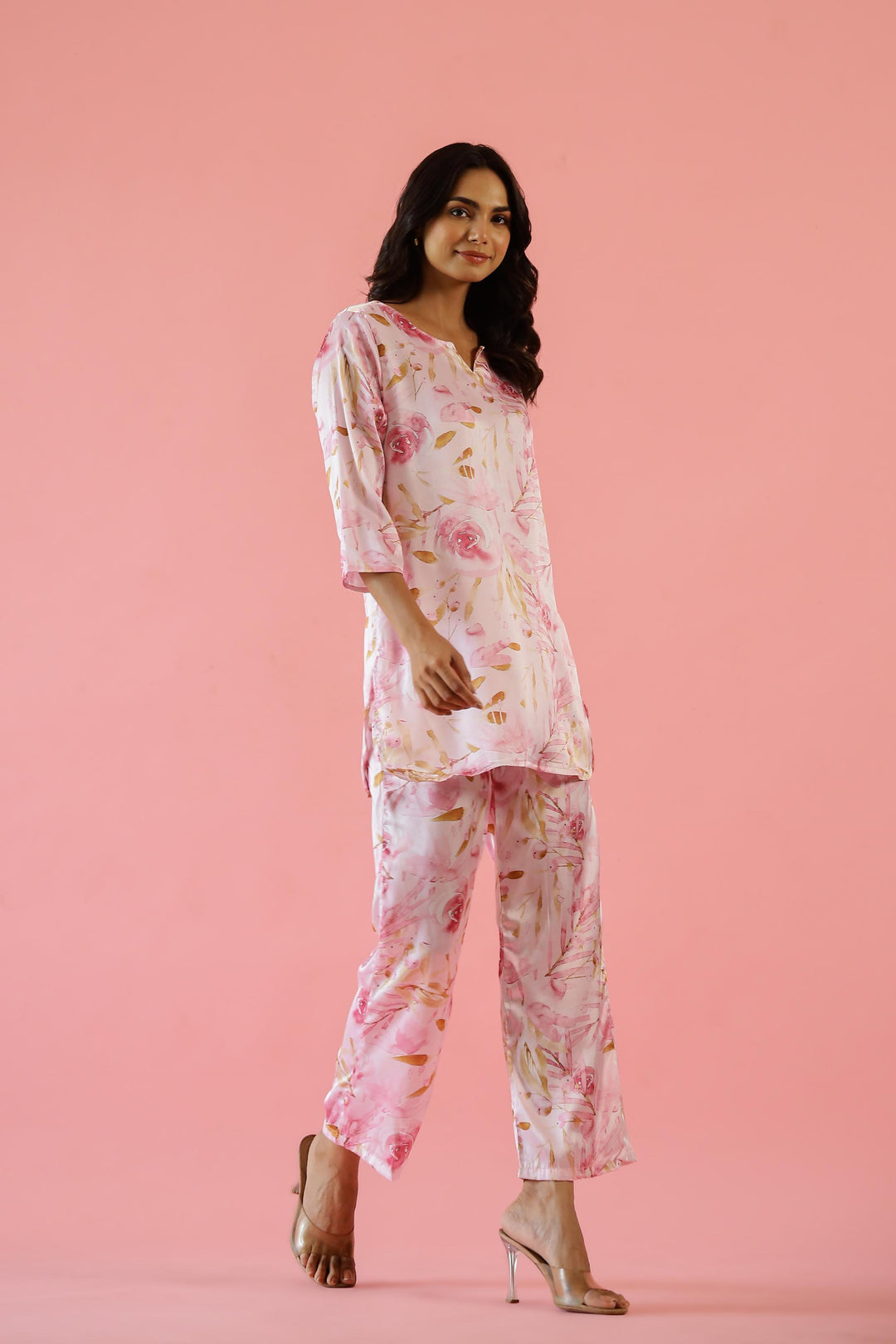 Charming Pink Satin Floral Pajama Set - Soft & Feminine Nightwear | Co-Ord Set | Shop stylish women's clothing online at Label Flavia |