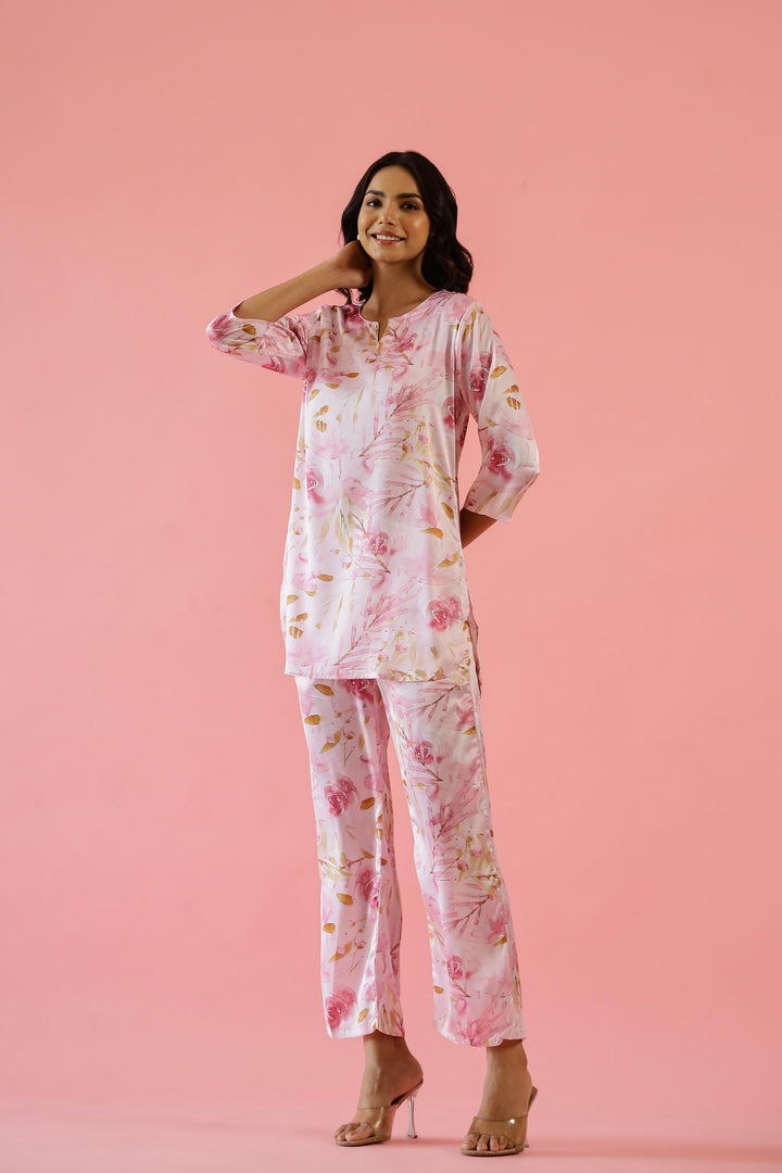 Charming Pink Satin Floral Pajama Set - Soft & Feminine Nightwear | Co-Ord Set | Shop stylish women's clothing online at Label Flavia |