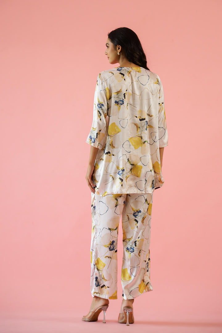 Elegant Yellow Floral Print Satin Pajama Set - Stylish Nightwear for Women | Co-Ord Set | Shop stylish women's clothing online at Label Flavia |