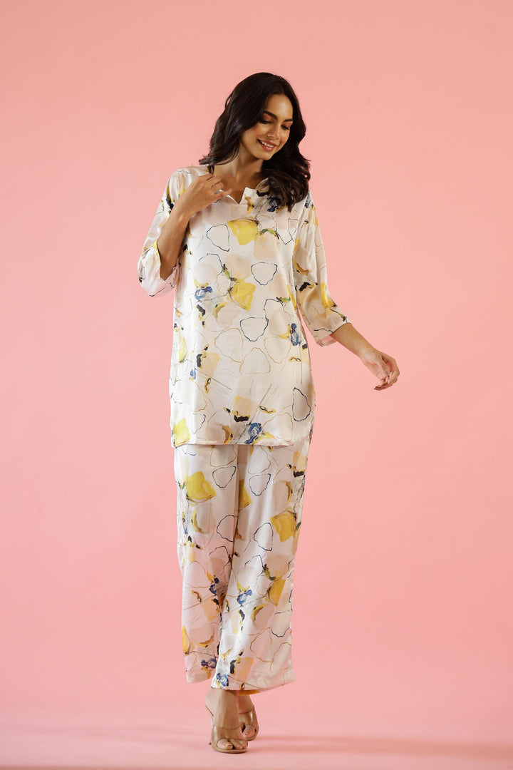 Elegant Yellow Floral Print Satin Pajama Set - Stylish Nightwear for Women | Co-Ord Set | Shop stylish women's clothing online at Label Flavia |