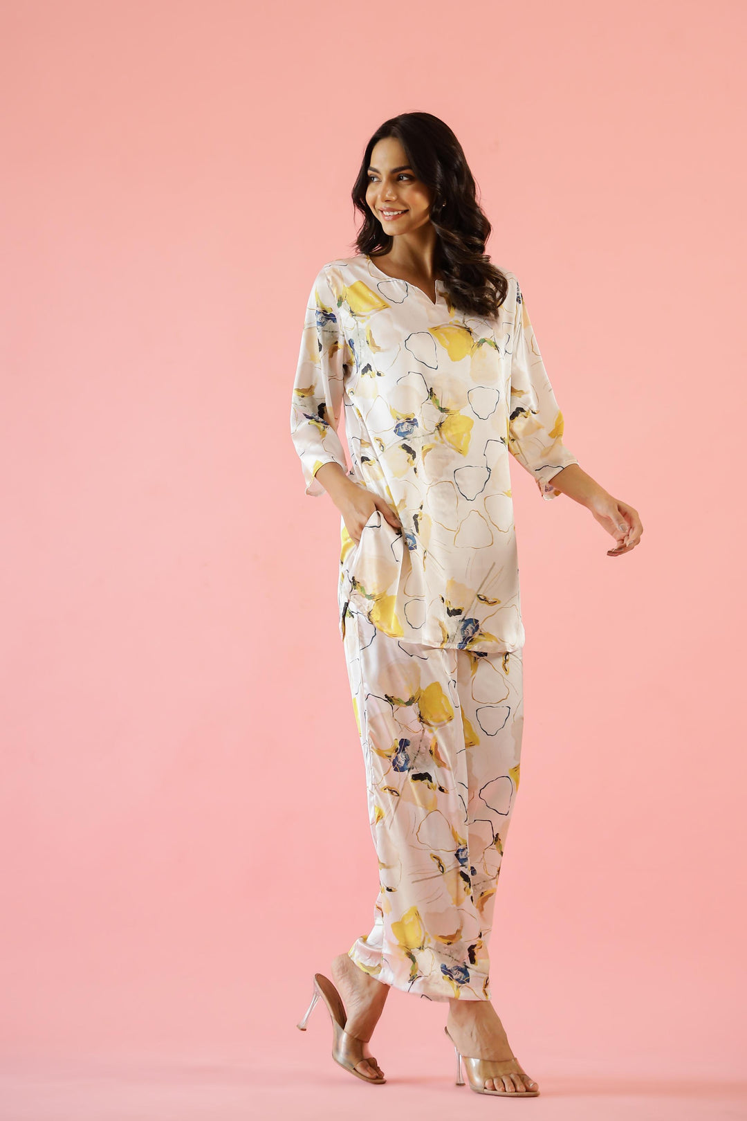 Elegant Yellow Floral Print Satin Pajama Set - Stylish Nightwear for Women | Co-Ord Set | Shop stylish women's clothing online at Label Flavia |