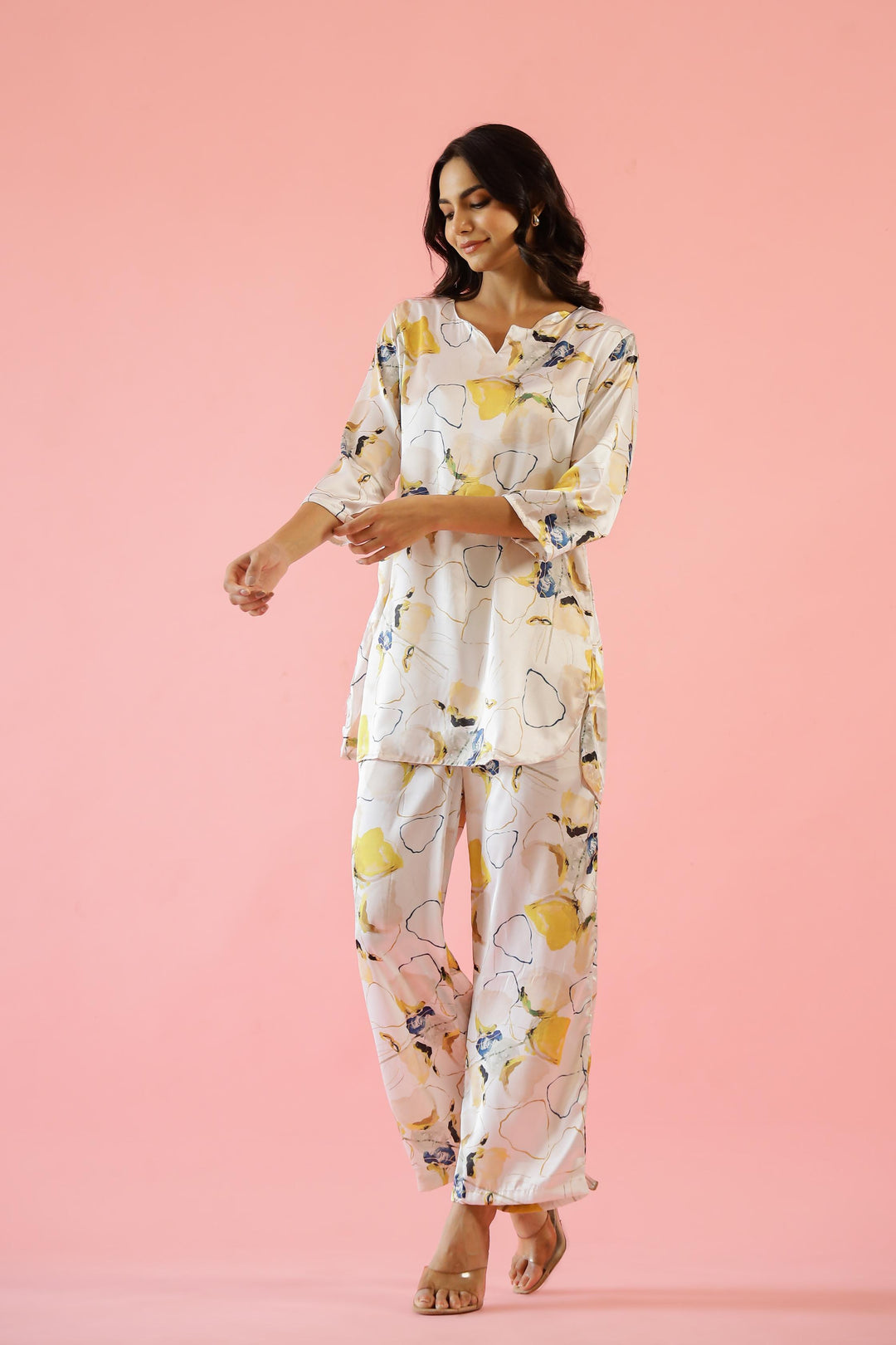 Elegant Yellow Floral Print Satin Pajama Set - Stylish Nightwear for Women | Co-Ord Set | Shop stylish women's clothing online at Label Flavia |