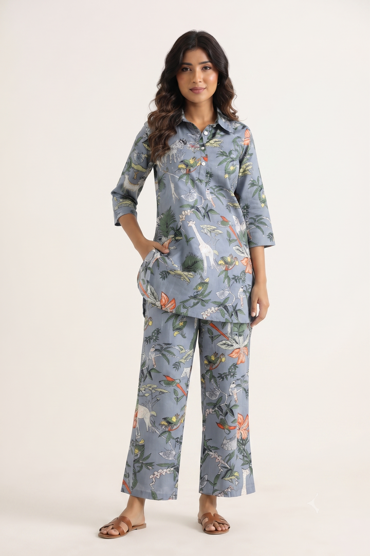 Grey Jungle Collared Cotton Lounge Co-Ord Set with 3 button