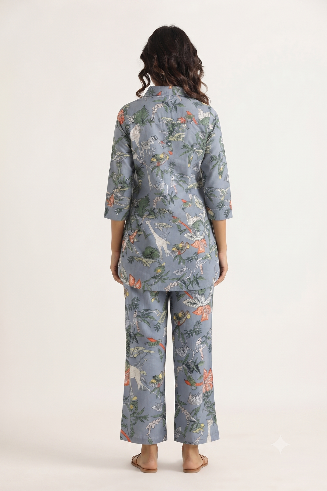 Grey Jungle Collared Cotton Lounge Co-Ord Set with 3 button