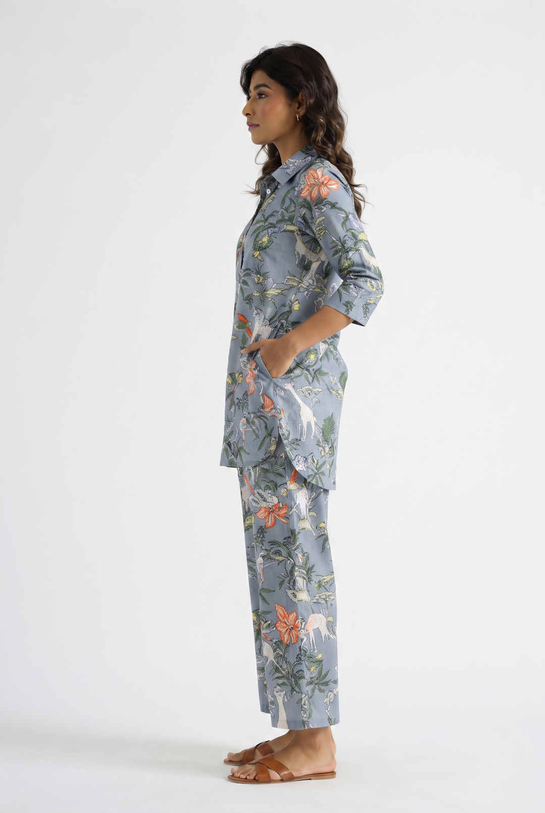 Grey Jungle Collared Cotton Lounge Co-Ord Set with 3 button