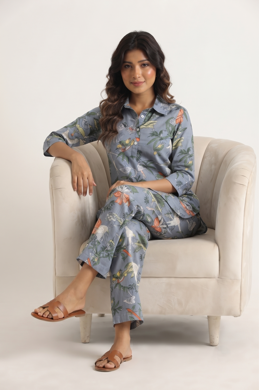 Grey Jungle Collared Cotton Lounge Co-Ord Set with 3 button