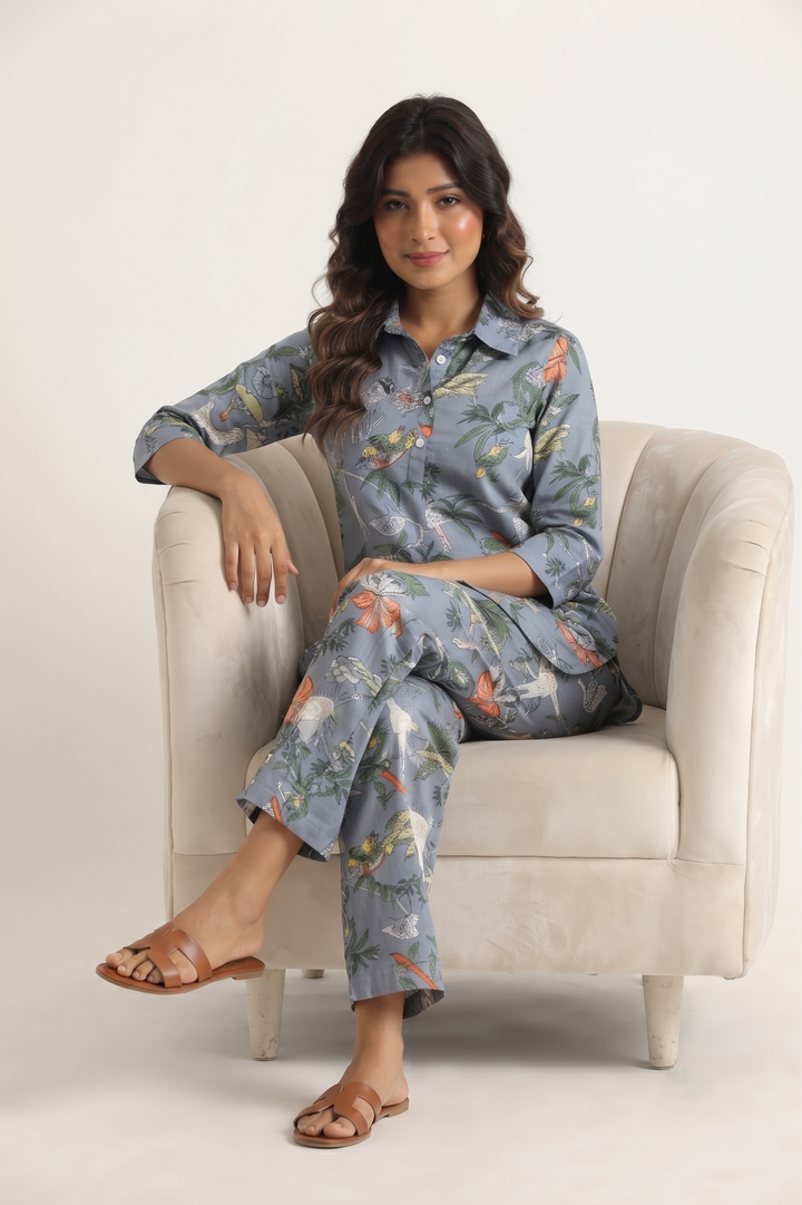 Grey Jungle Collared Cotton Lounge Co-Ord Set with 3 button