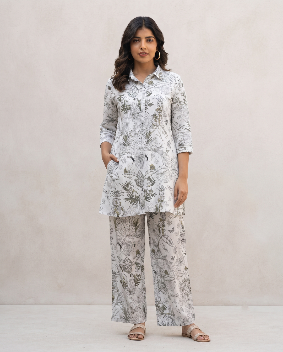 White & Gold Jungle Collared Cotton Lounge Co-Ord Set with 3 button