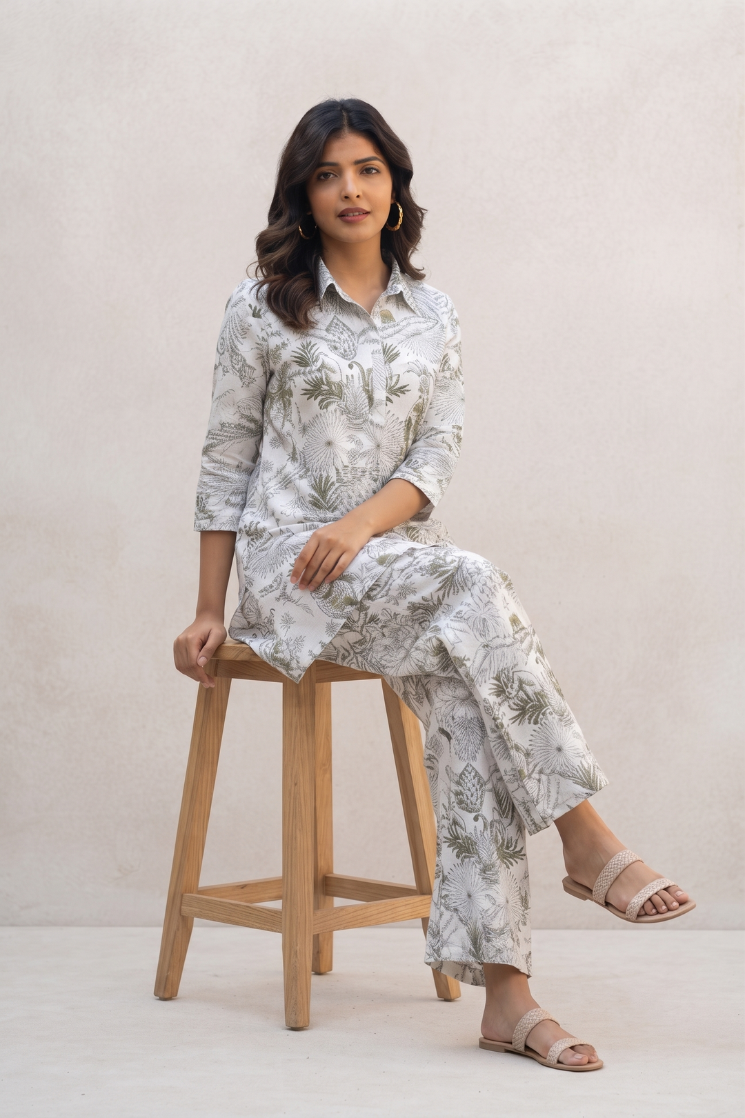 White & Gold Jungle Collared Cotton Lounge Co-Ord Set with 3 button