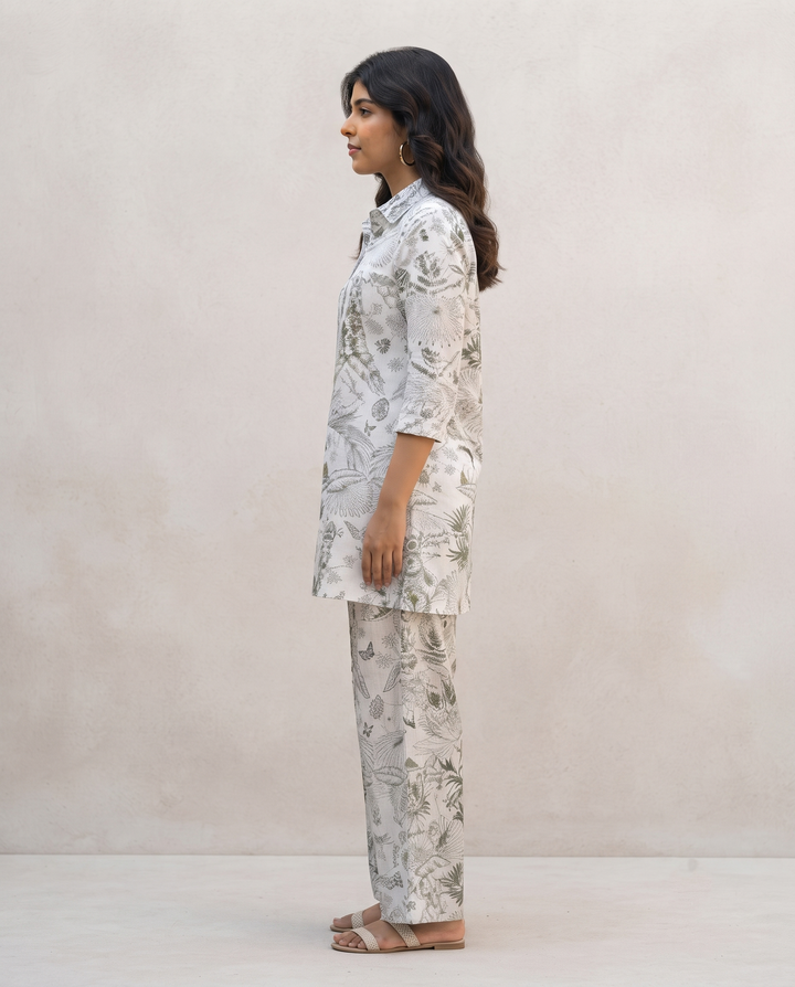 White & Gold Jungle Collared Cotton Lounge Co-Ord Set with 3 button
