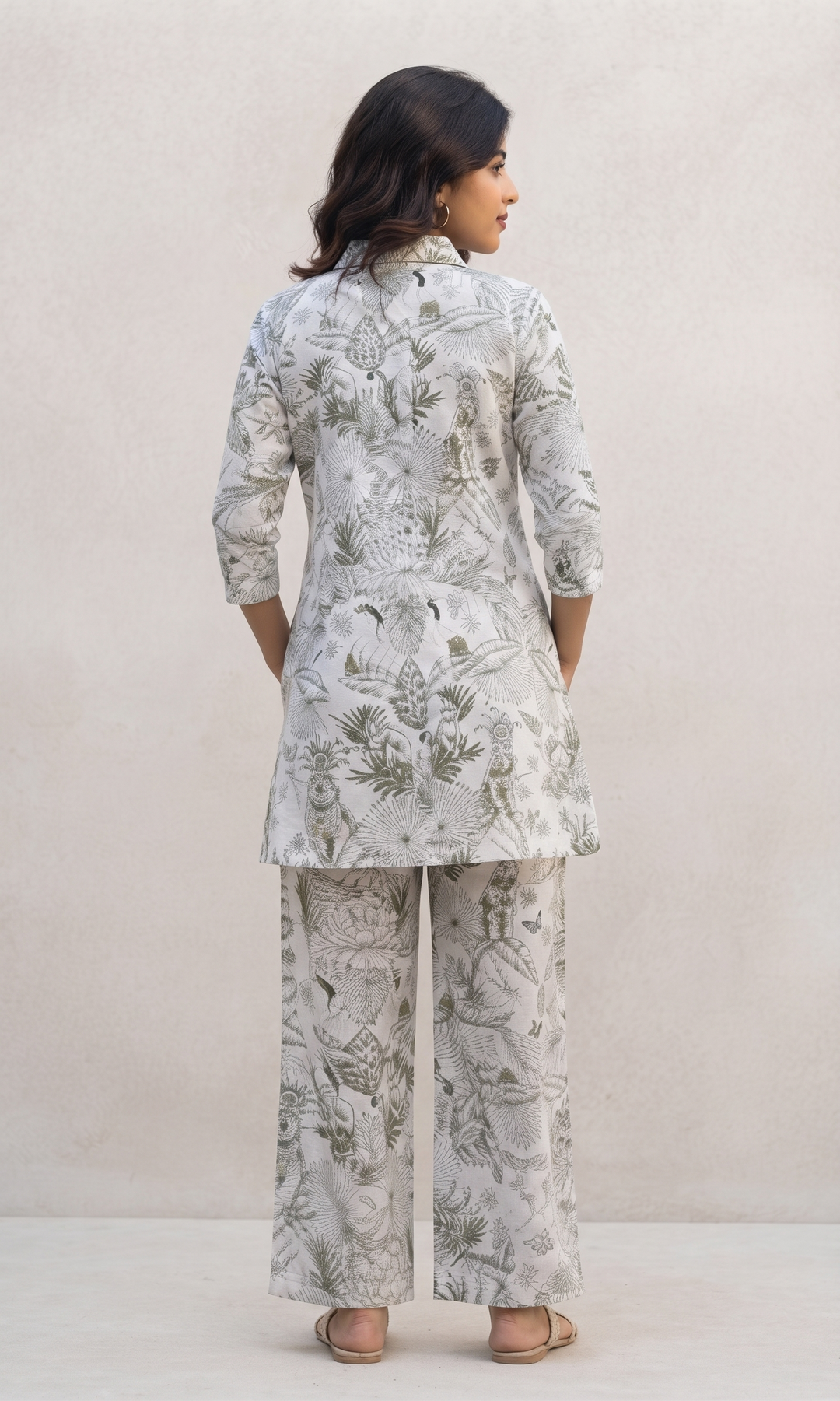 White & Gold Jungle Collared Cotton Lounge Co-Ord Set with 3 button