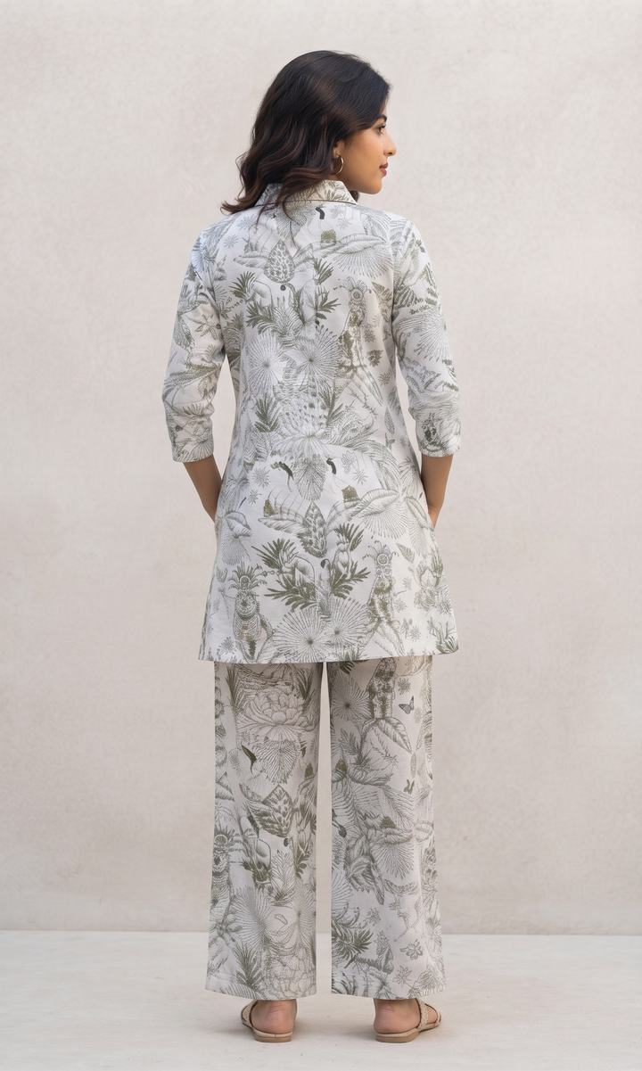 White & Gold Jungle Collared Cotton Lounge Co-Ord Set with 3 button
