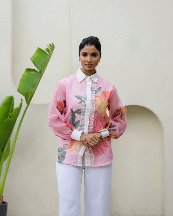 Women's Pink Floral Sheer Top Shirt - Elegant & Feminine