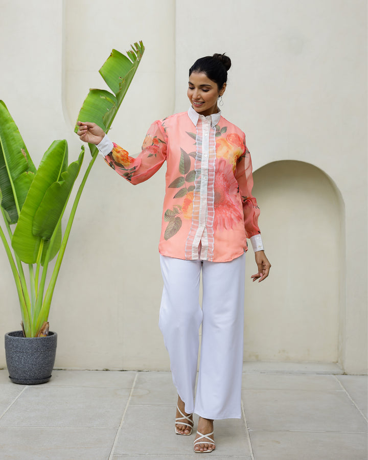 Women's Peach Floral Sheer Top Shirt - Fresh & Stylish