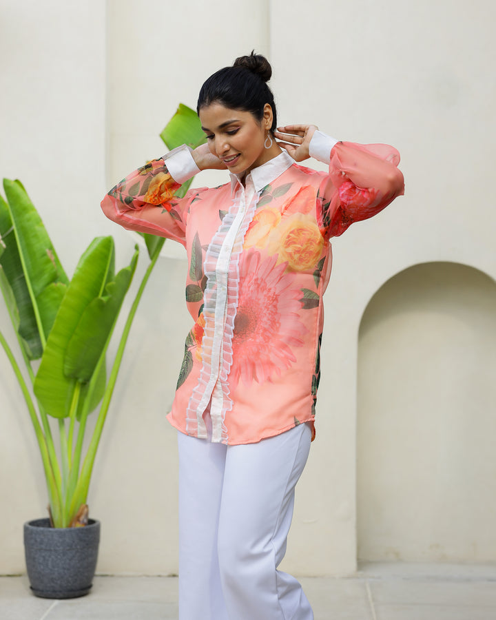 Women's Peach Floral Sheer Top Shirt - Fresh & Stylish