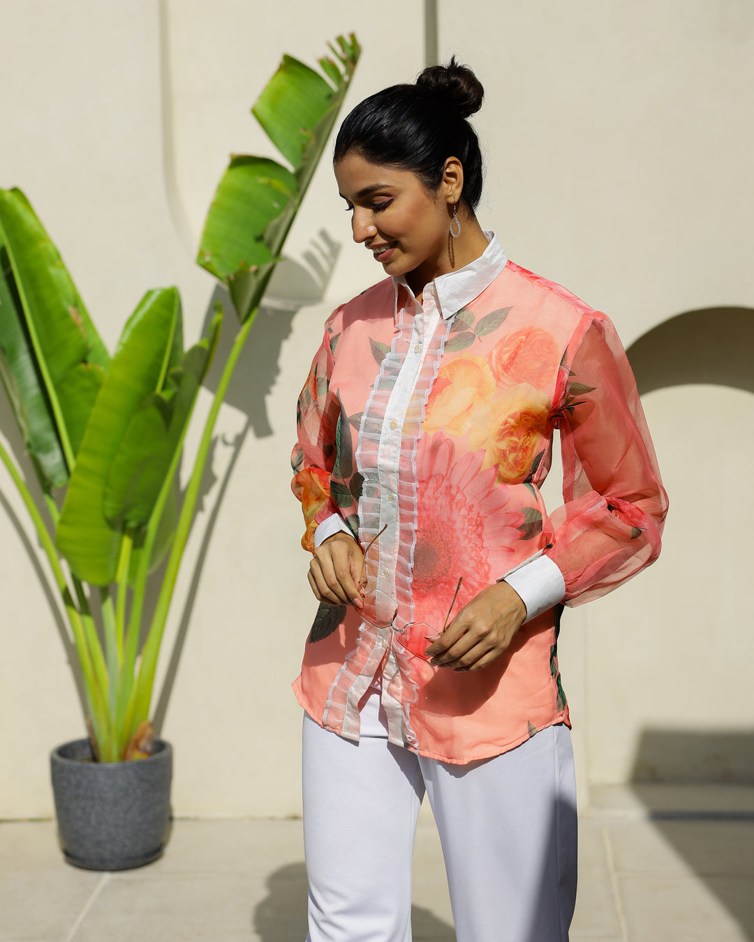 Women's Peach Floral Sheer Top Shirt - Fresh & Stylish