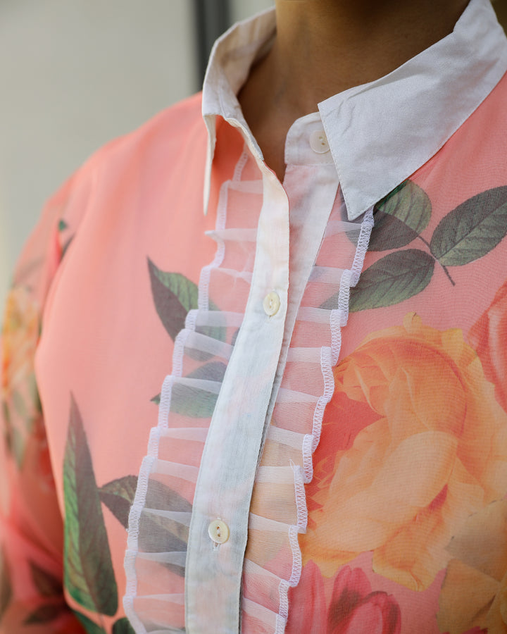 Women's Peach Floral Sheer Top Shirt - Fresh & Stylish