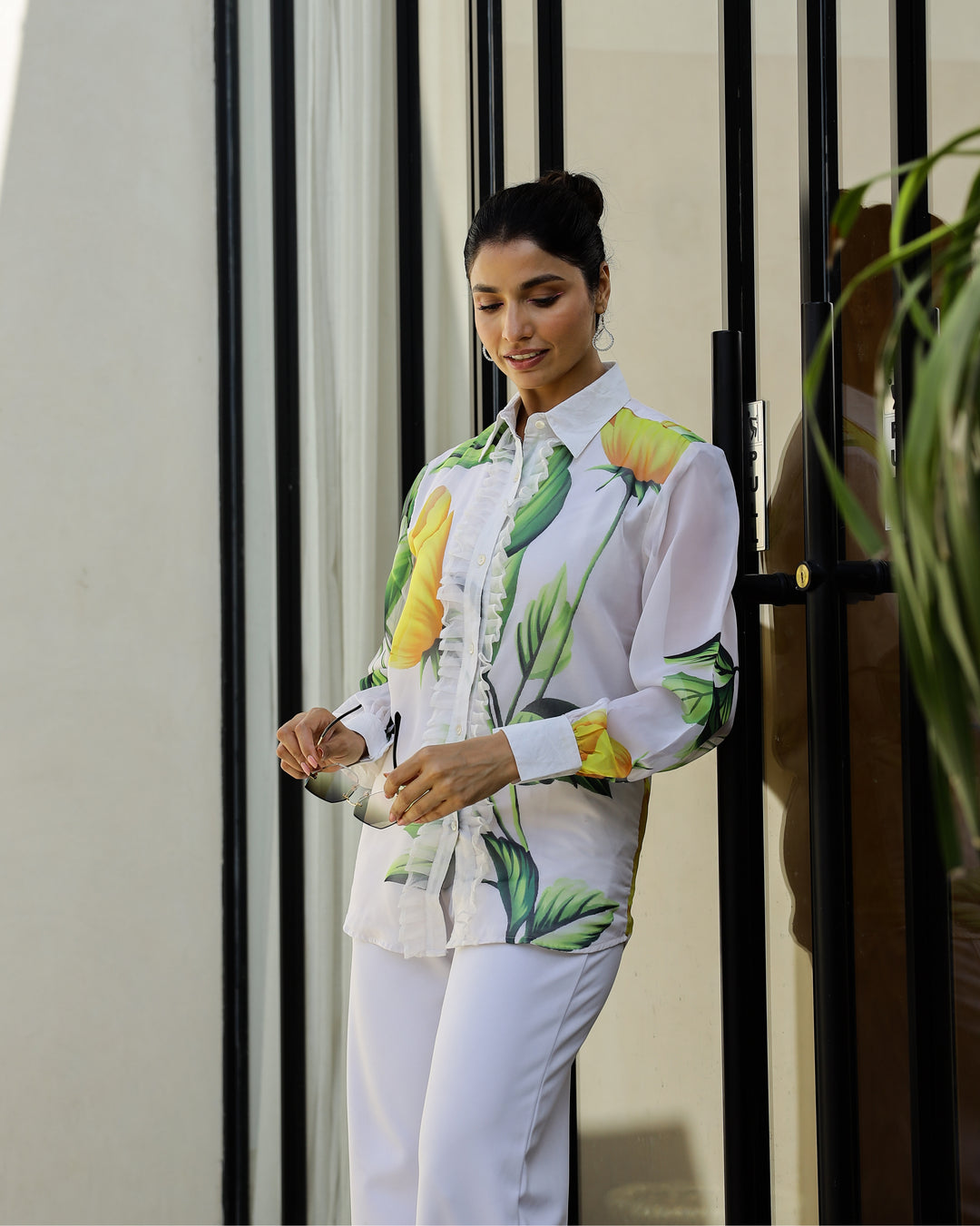 Women's White & Yellow Floral Sheer Top Shirt - Bold & Chic