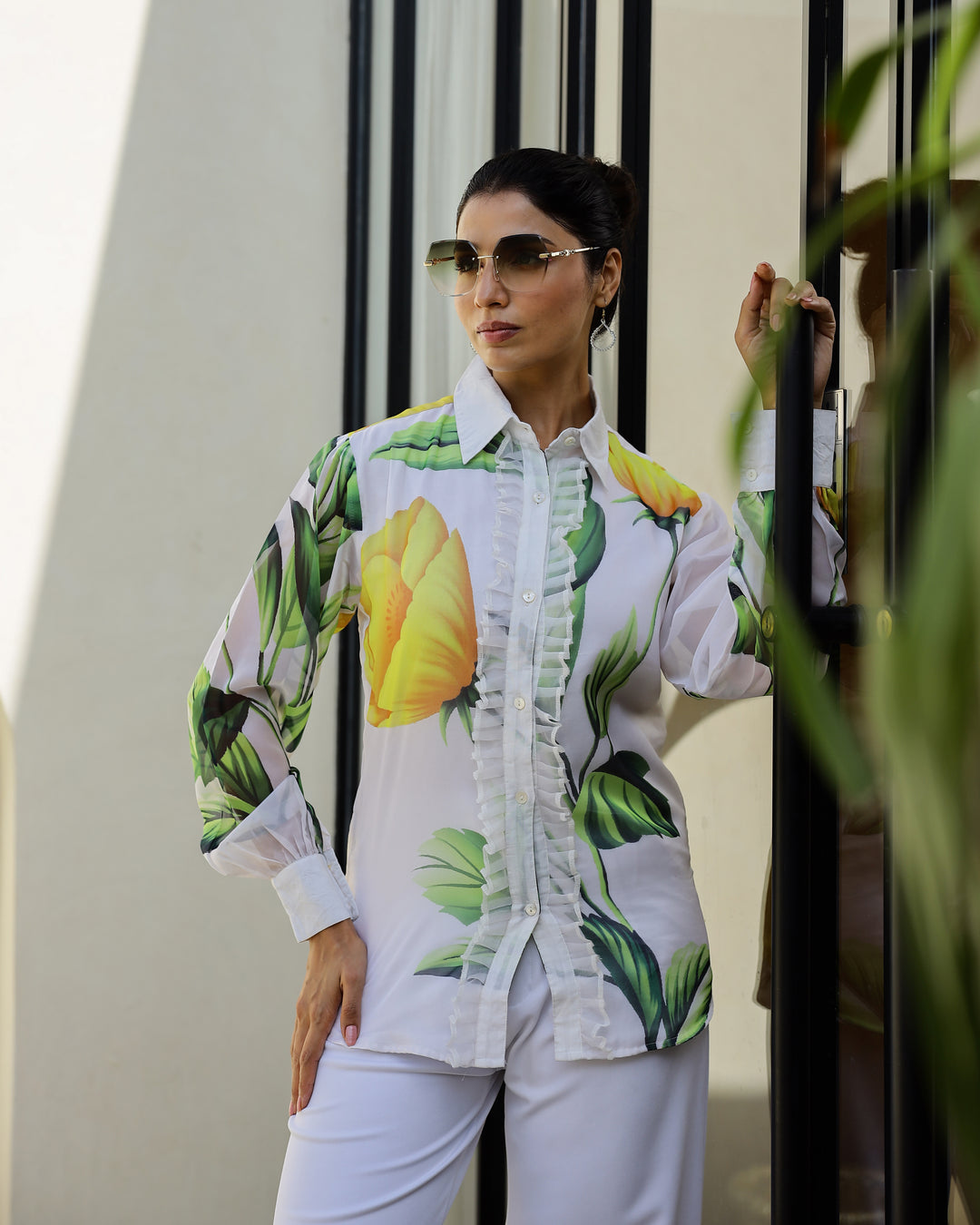 Women's White & Yellow Floral Sheer Top Shirt - Bold & Chic