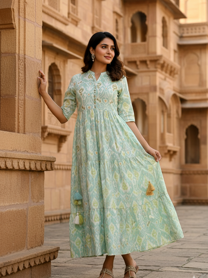 Aqua Ikat Tiered Cotton Maxi Dress