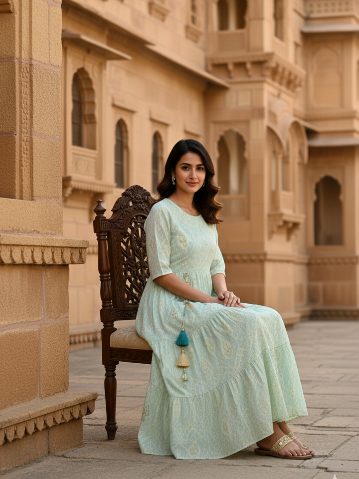 Aqua Ikat Tiered Cotton Maxi Dress