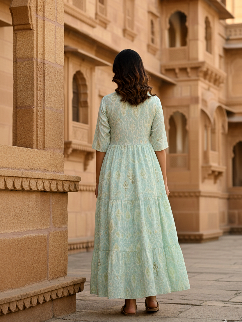 Aqua Ikat Tiered Cotton Maxi Dress