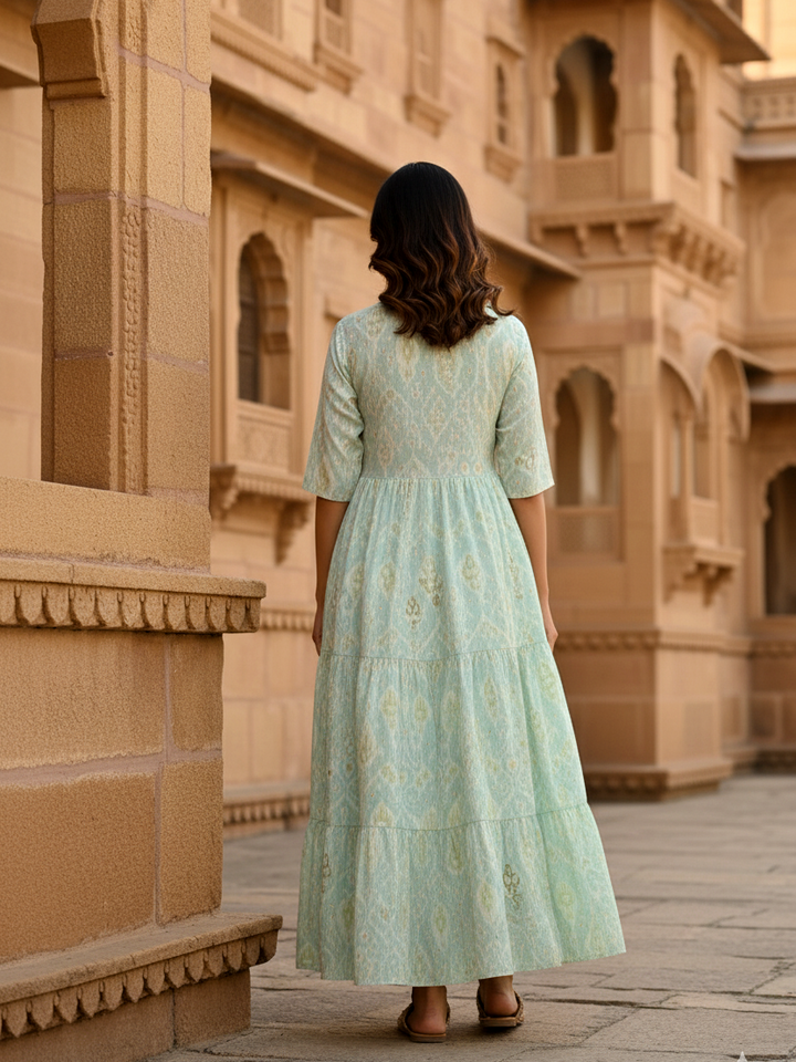 Aqua Ikat Tiered Cotton Maxi Dress