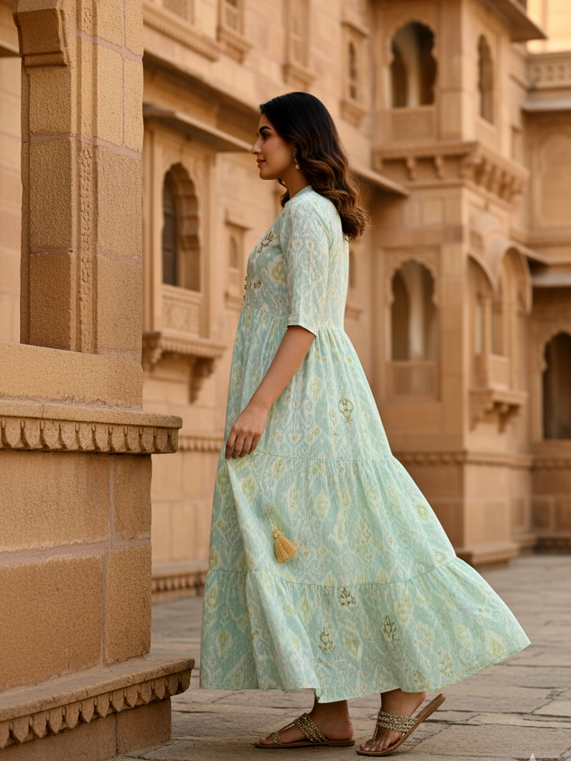 Aqua Ikat Tiered Cotton Maxi Dress